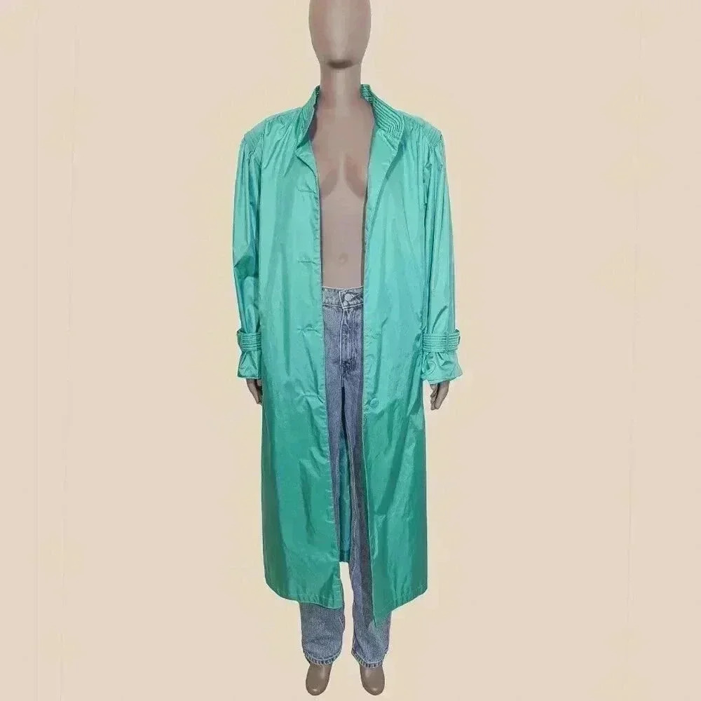 Vintage 80s Teal Long Trench Rain Coat Size 14‎ Fall Winter Quilted Outerwear